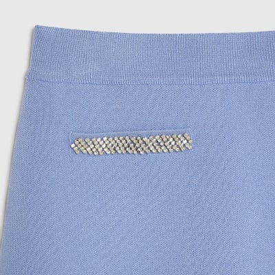 Blue Knitted Embellished Mini Skirt