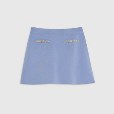 Blue Knitted Embellished Mini Skirt