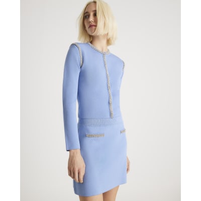 Blue Knitted Embellished Mini Skirt