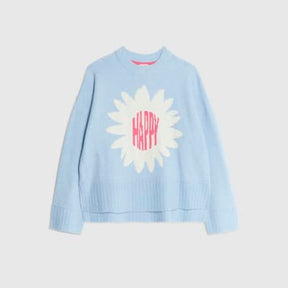Blue Knitted Flower Graphic Crew Neck Jumper