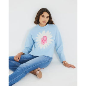 Blue Knitted Flower Graphic Crew Neck Jumper