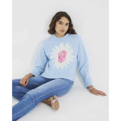 Blue Knitted Flower Graphic Crew Neck Jumper