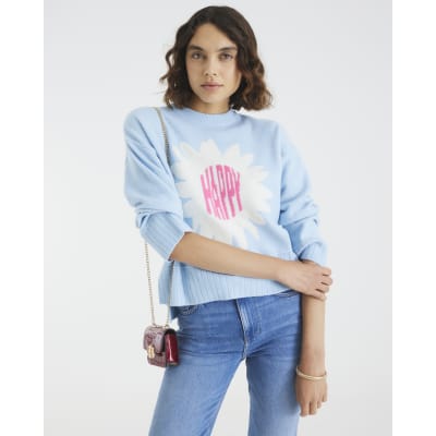 Blue Knitted Flower Graphic Crew Neck Jumper