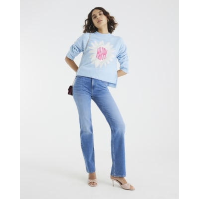 Blue Knitted Flower Graphic Crew Neck Jumper