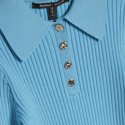 Blue Knitted Long Sleeve Polo Top