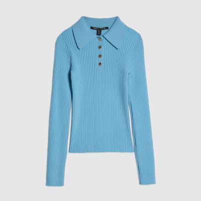 Blue Knitted Long Sleeve Polo Top