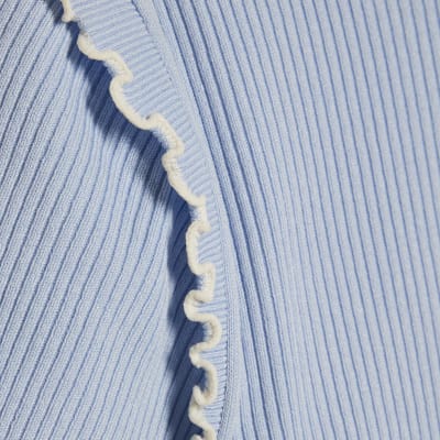 Blue Knitted Short Sleeve Frill Top