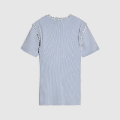 Blue Knitted Short Sleeve Frill Top