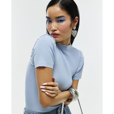 Blue Knitted Short Sleeve Frill Top