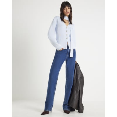 Blue Knitted Tie Neck Cardigan