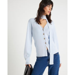 Blue Knitted Tie Neck Cardigan