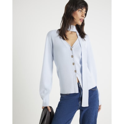 Blue Knitted Tie Neck Cardigan