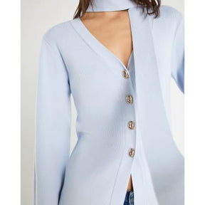 Blue Knitted Tie Neck Cardigan