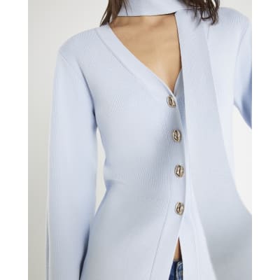 Blue Knitted Tie Neck Cardigan