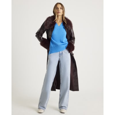 Blue Knitted V Neck Jumper