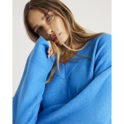 Blue Knitted V Neck Jumper
