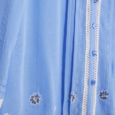 Blue Lace Trim Embroidered Beach Shirt