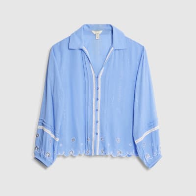 Blue Lace Trim Embroidered Beach Shirt