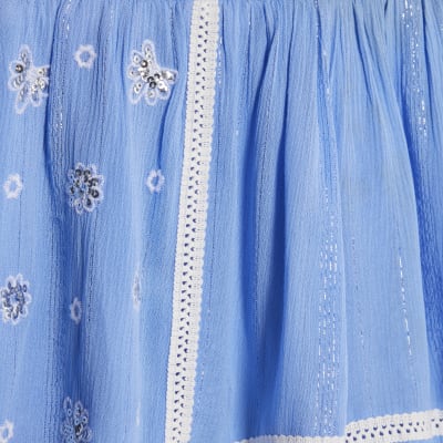 Blue Lace Trim Embroidered Beach Shorts