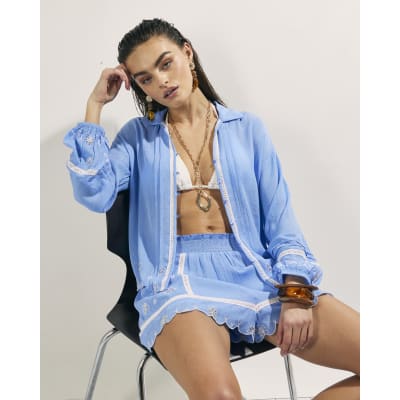 Blue Lace Trim Embroidered Beach Shorts