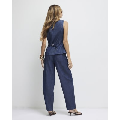 Blue Linen Blend Denim Barrel Leg Trousers