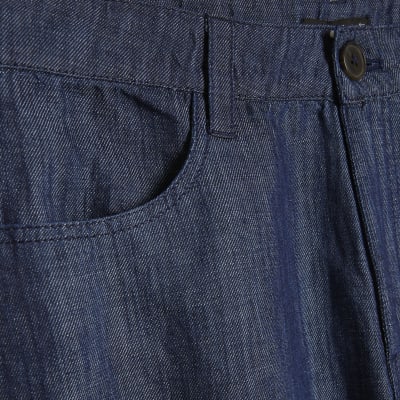 Blue Linen Blend Denim Barrel Leg Trousers
