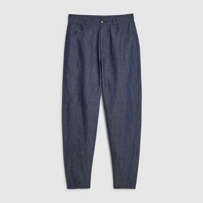 Blue Linen Blend Denim Barrel Leg Trousers