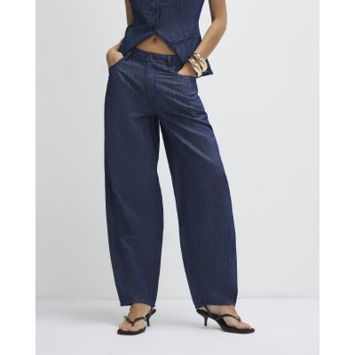 Blue Linen Blend Denim Barrel Leg Trousers