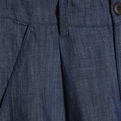 Blue Linen Blend Denim Wide Leg Trousers