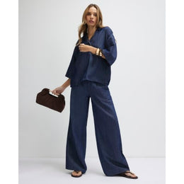 Blue Linen Blend Denim Wide Leg Trousers
