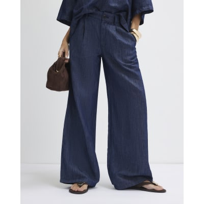 Blue Linen Blend Denim Wide Leg Trousers