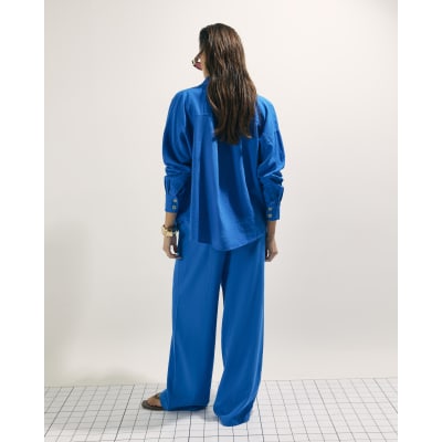 Blue Linen Blend Drawstring Wide Leg Trousers