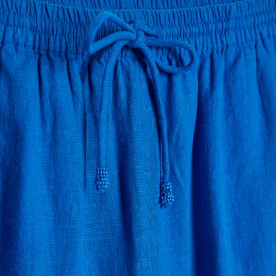 Blue Linen Blend Drawstring Wide Leg Trousers
