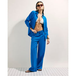 Blue Linen Blend Drawstring Wide Leg Trousers