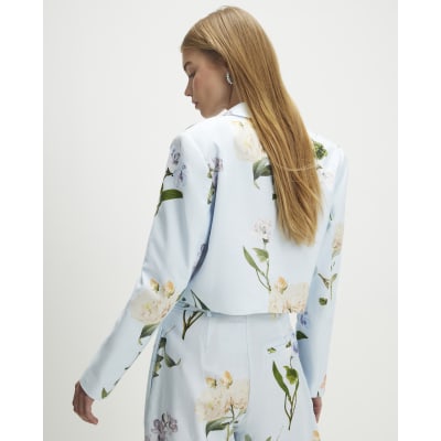 Blue Linen Blend Floral Cropped Blazer