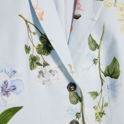 Blue Linen Blend Floral Cropped Blazer