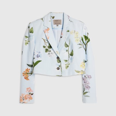 Blue Linen Blend Floral Cropped Blazer
