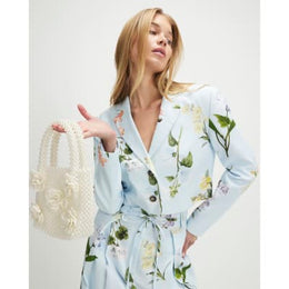 Blue Linen Blend Floral Cropped Blazer