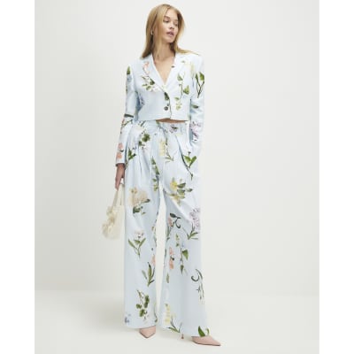 Blue Linen Blend Floral Cropped Blazer