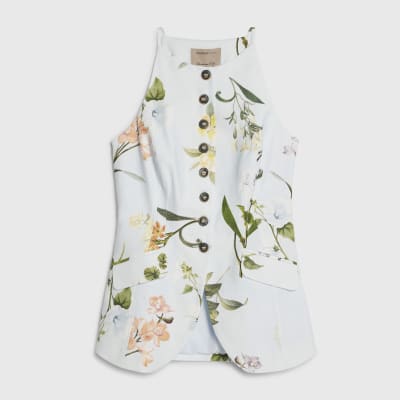 Blue Linen Blend Floral Longline Waistcoat