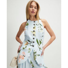 Blue Linen Blend Floral Longline Waistcoat