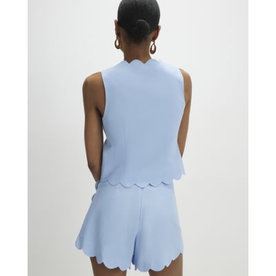 Blue Linen Blend Scallop Trim Shorts