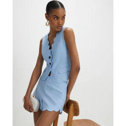 Blue Linen Blend Scallop Trim Waistcoat