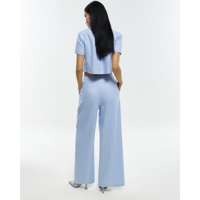 Blue Linen Blend Scallop Wide Leg Trousers