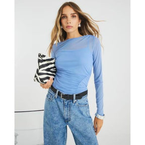 Blue Long Sleeve Boat Neck Ruched Mesh Top
