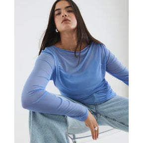 Blue Long Sleeve Boat Neck Ruched Mesh Top