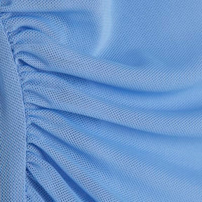 Blue Long Sleeve Boat Neck Ruched Mesh Top