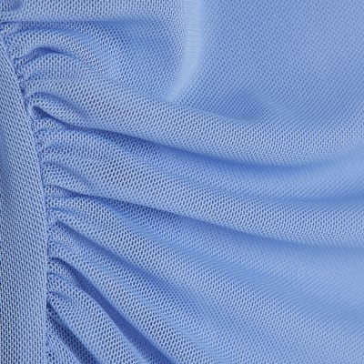 Blue Long Sleeve Boat Neck Ruched Mesh Top