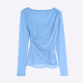 Blue Long Sleeve Boat Neck Ruched Mesh Top