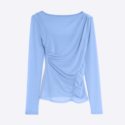 Blue Long Sleeve Boat Neck Ruched Mesh Top